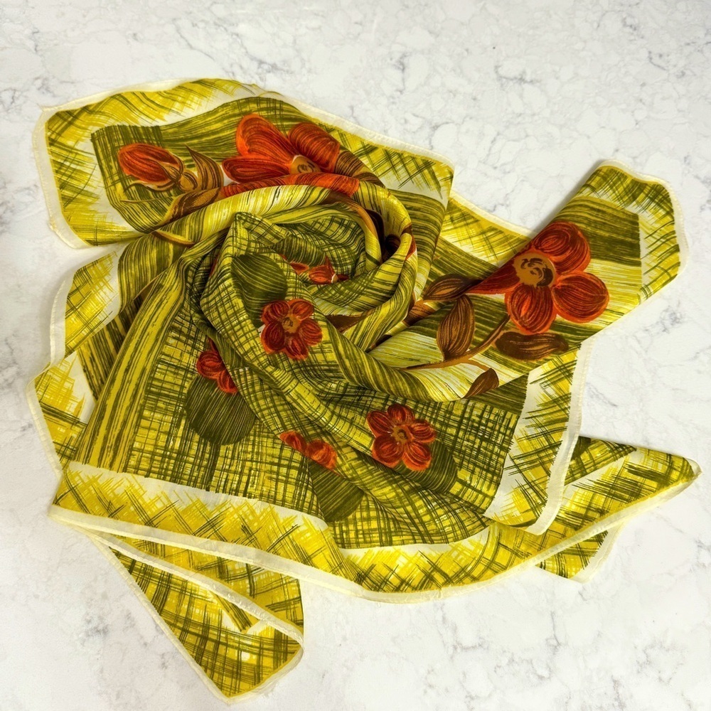 Vintage Floral Geometric Pattern Square Scarf Yellow MCM - Picture 2 of 8